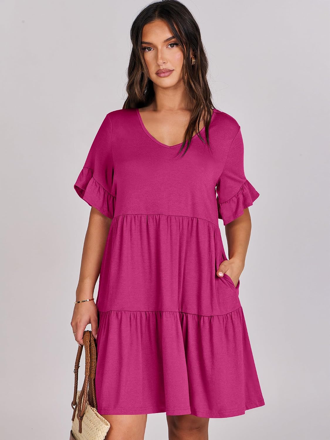 ANRABESS Dresses for Women Summer 2026 V Neck Ruffle Sleeve A Line Tiered Flowy Casual Trendy Mini Beach Dress with Pockets