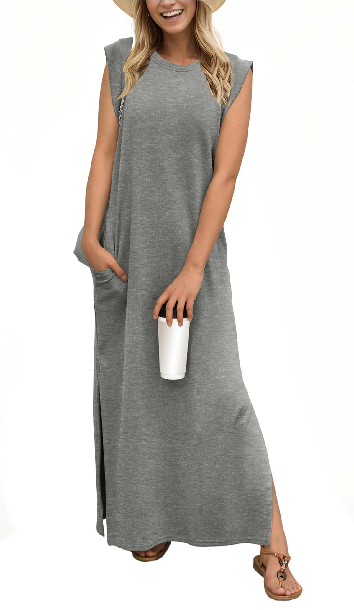 GRECERELLE 2026 Women Year-Round Casual Round Neck Loose Split Wrinkle-Free Long Maxi Vacation Dress with Pockets (XXS-4XL)