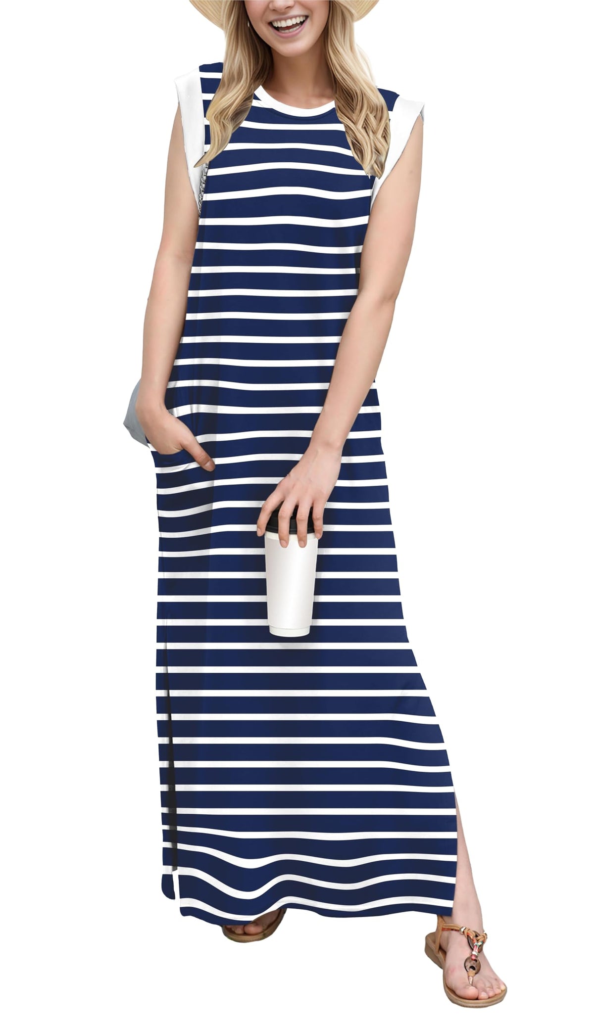 GRECERELLE 2026 Women Year-Round Casual Round Neck Loose Split Wrinkle-Free Long Maxi Vacation Dress with Pockets (XXS-4XL)