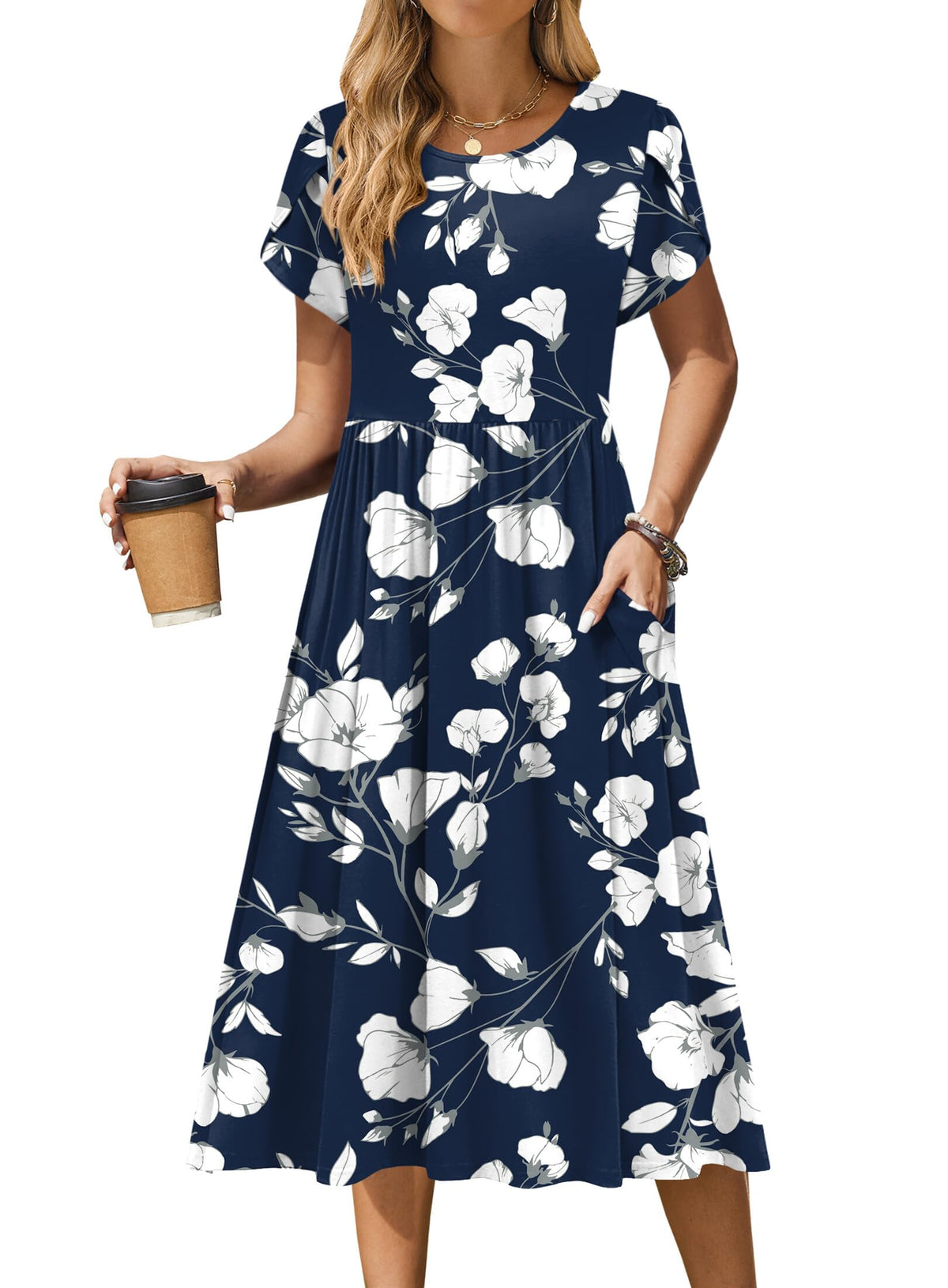Zeagoo Womens Summer Dresses Casual Aline Midi Dress Short Sleeve Floral Tshirt Dress Flowy Beach Sundresses with Pockets