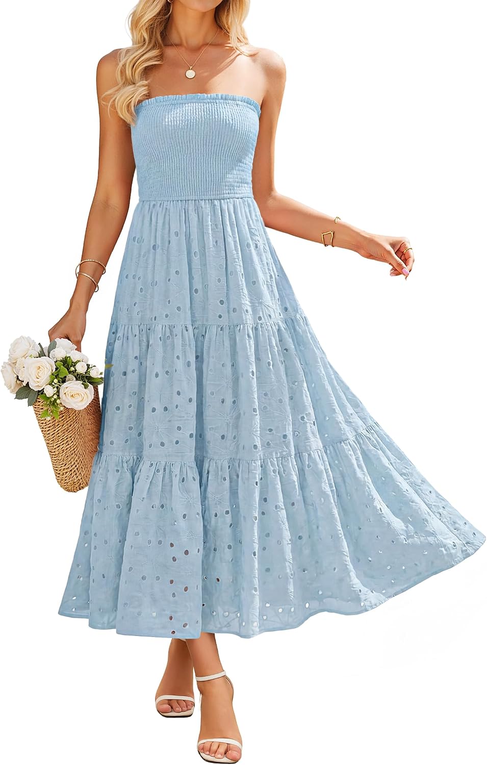 ZESICA Womens 2026 Summer Boho Strapless Smocked Midi Dresses