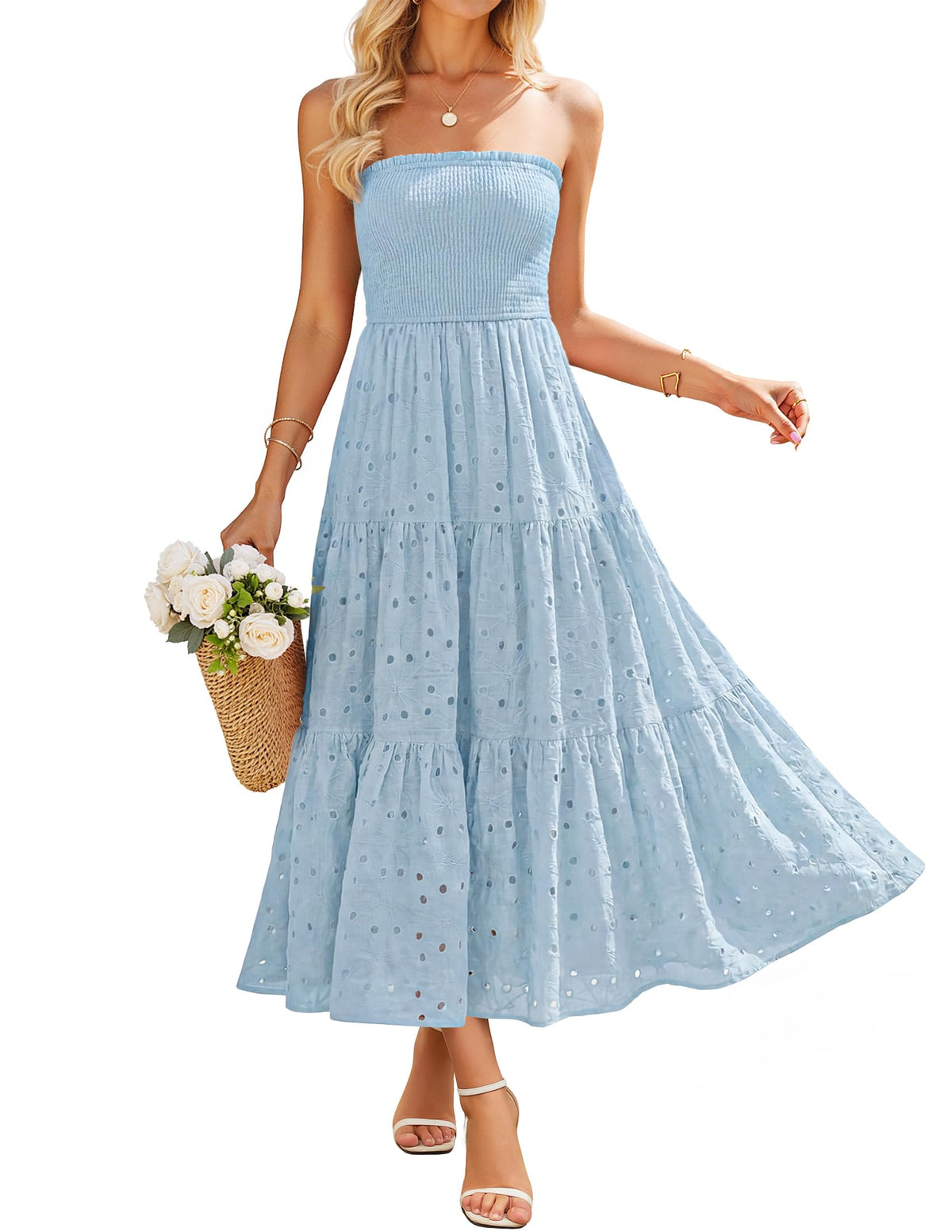 ZESICA Womens 2026 Summer Boho Strapless Smocked Midi Dresses