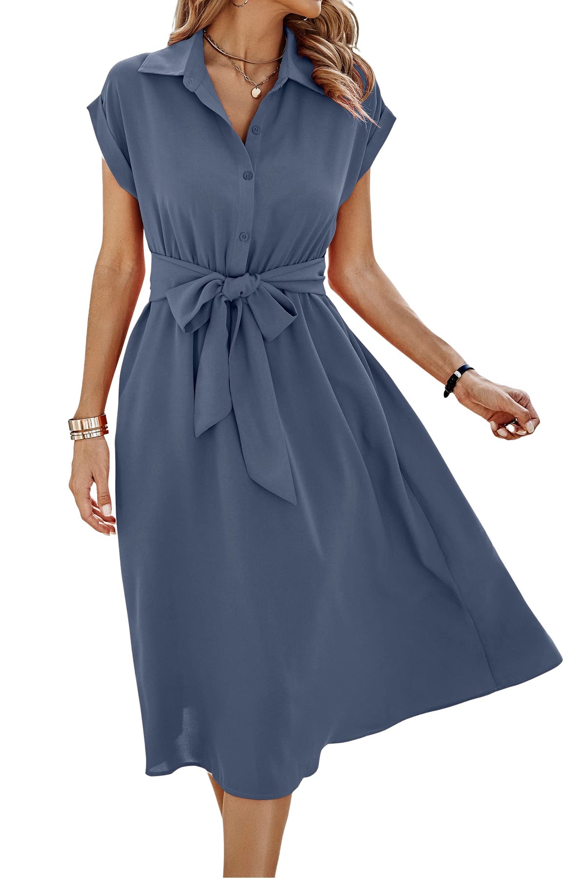 ECOWISH Womens Casual Midi Dresses Solid V Neck Short Sleeve Button Shirt Belted Dress with Pockets for Spring Summer 2026
