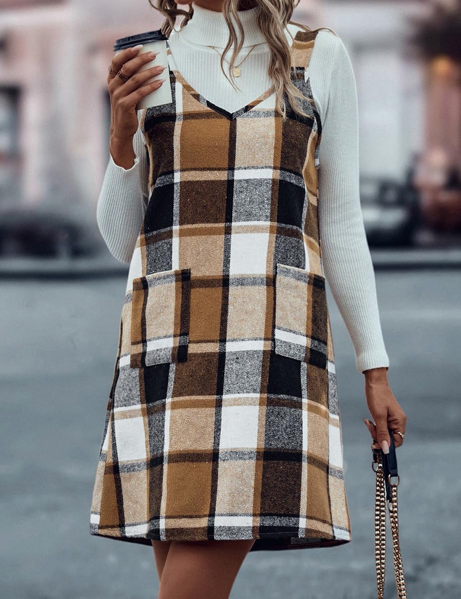 IDEALSANXUN Plaid Overall Dress for Women Fall Winter Sleeveless Plaid Dresses with Pockets