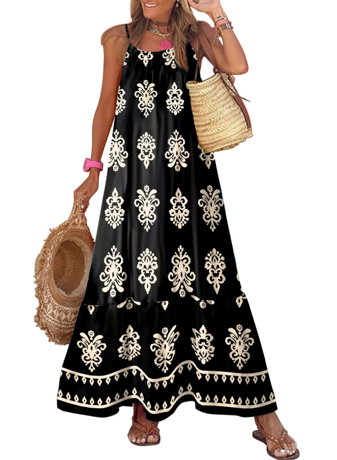Dokotoo Women Summer Dresses Scoop Neck Ruffle Flowy Boho Maxi Dress