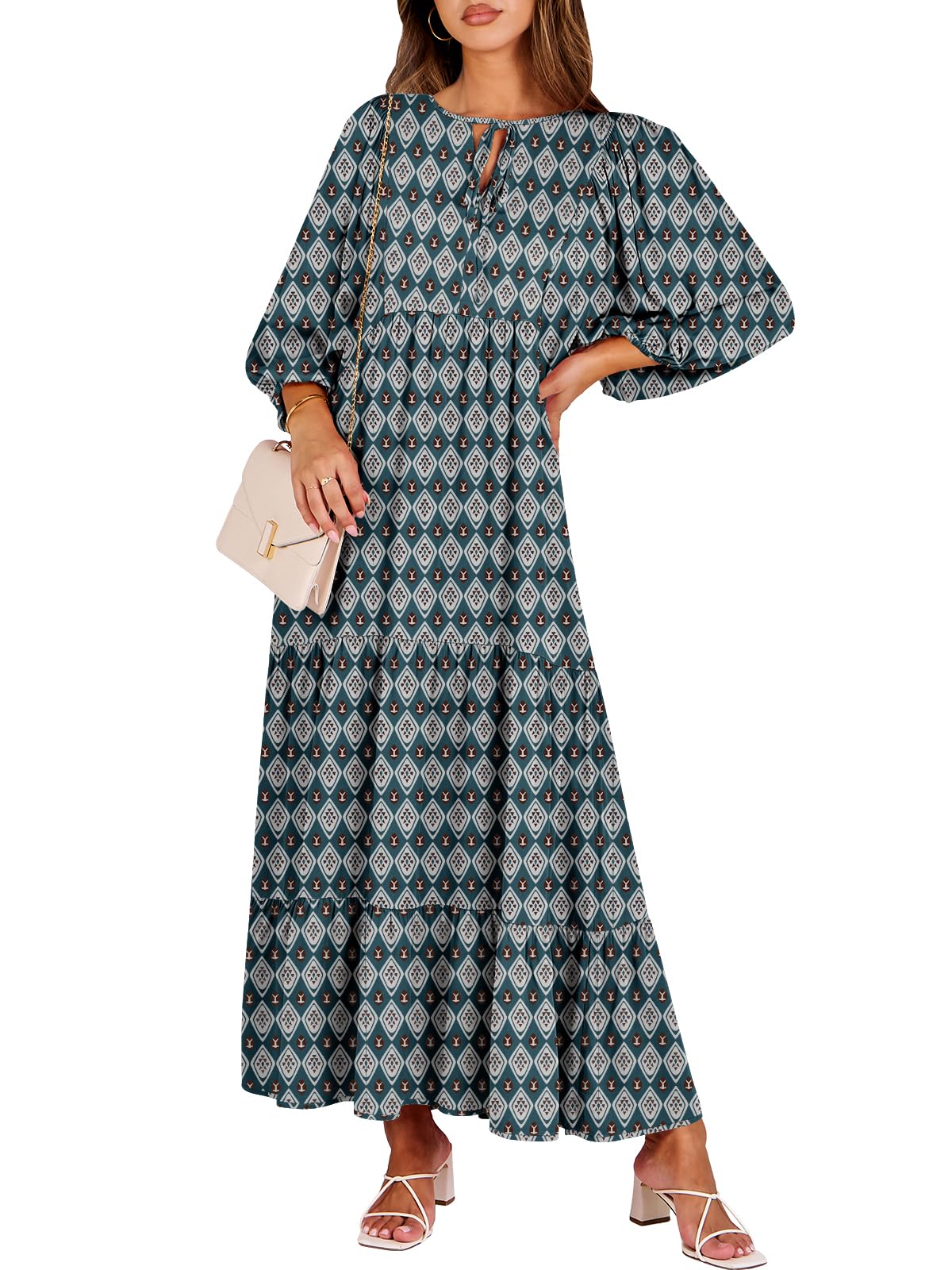 ANRABESS Womens Boho Floral 3/4 Puff Sleeve Maxi Dress