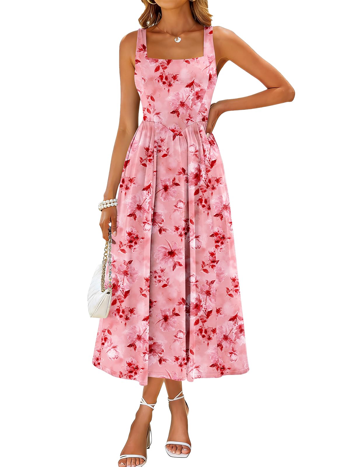 Sureple Midi Dresses for Women 2026 Spring Square Neck Tank Sleeveless A Line Casual Summer Sundresses with Pockets