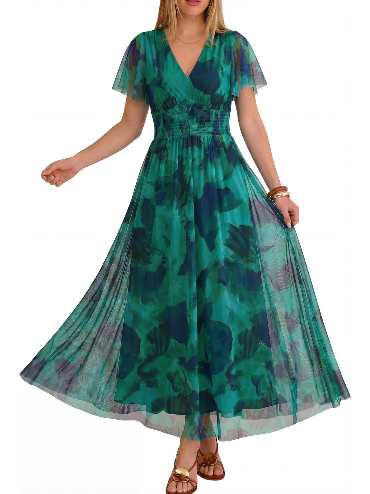 ANRABESS Women's Floral Tulle Wedding Guest Short Sleeve Maxi Dress