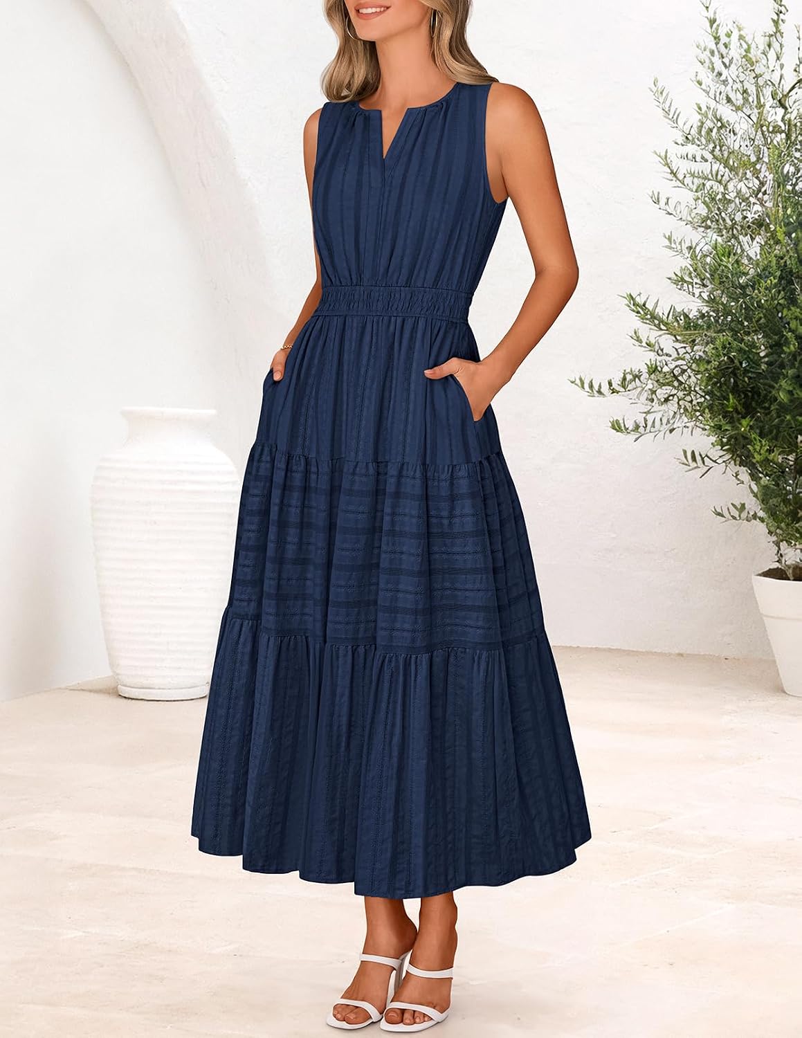 MEROKEETY Summer Casual Sleeveless V Neck Midi Maxi Cotton Dress Women 2026