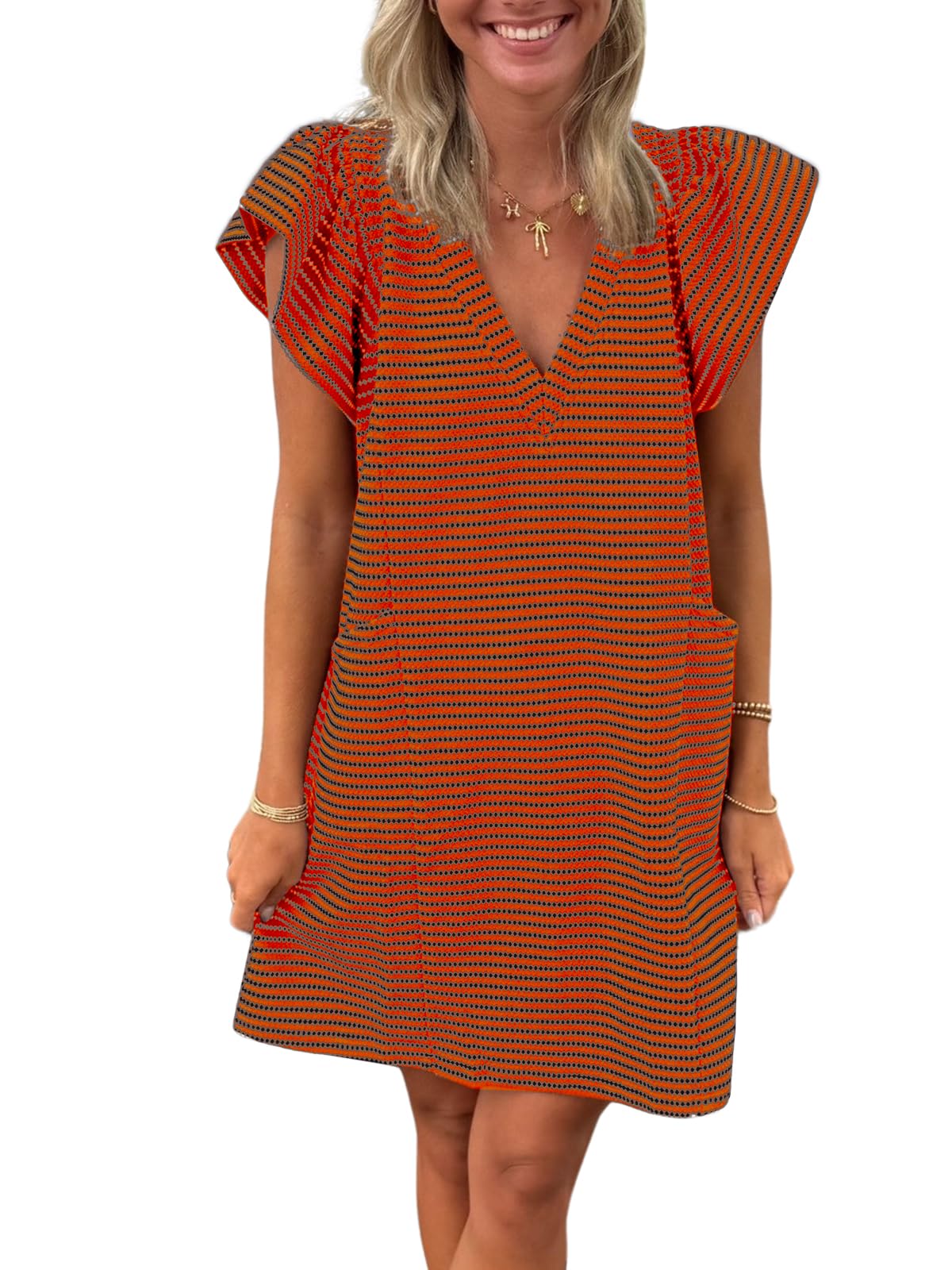 Mieazom Striped V-Neck Mini Dress for Women Puff Sleeve Casual Dress with Pockets, Comfortable & Stylish for Summer