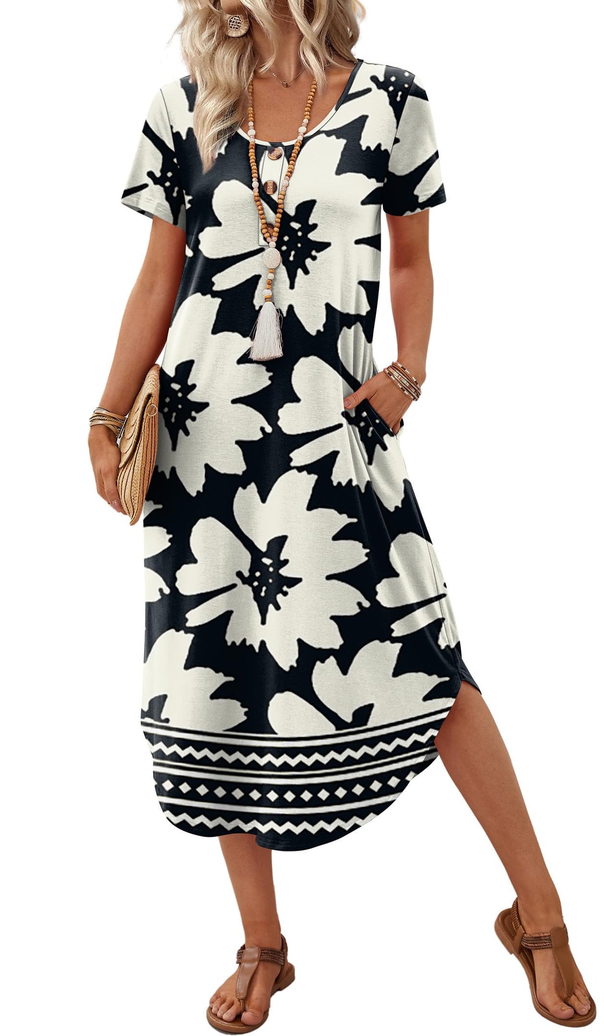 OFEEFAN Summer Dresses for Women 2026 Casual Midi Dresses Beach Vacation Outfits Tshirt Dress with Pockets Resort Wear