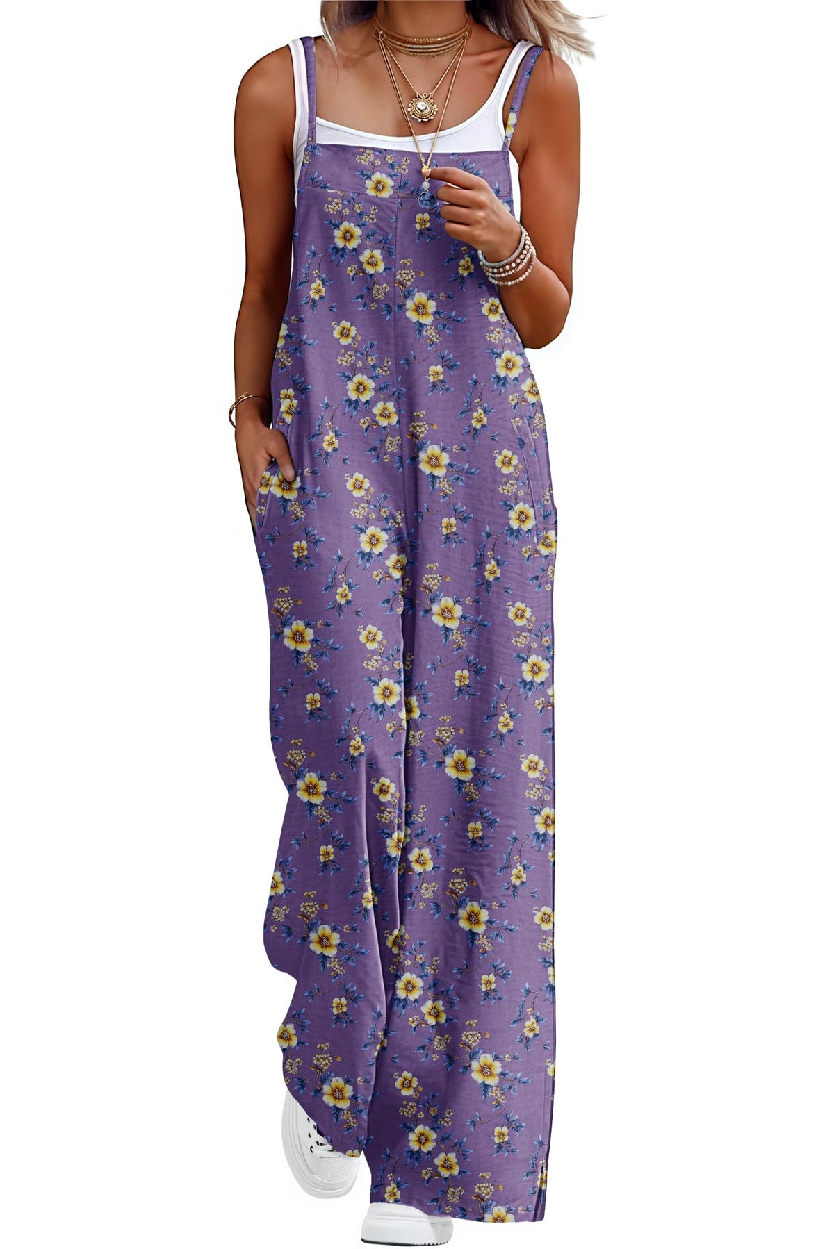 Lepunuo Womens Casual Loose Jumpsuits Summer Boho Wide Leg Rompers Sleeveless Overalls with Pockets