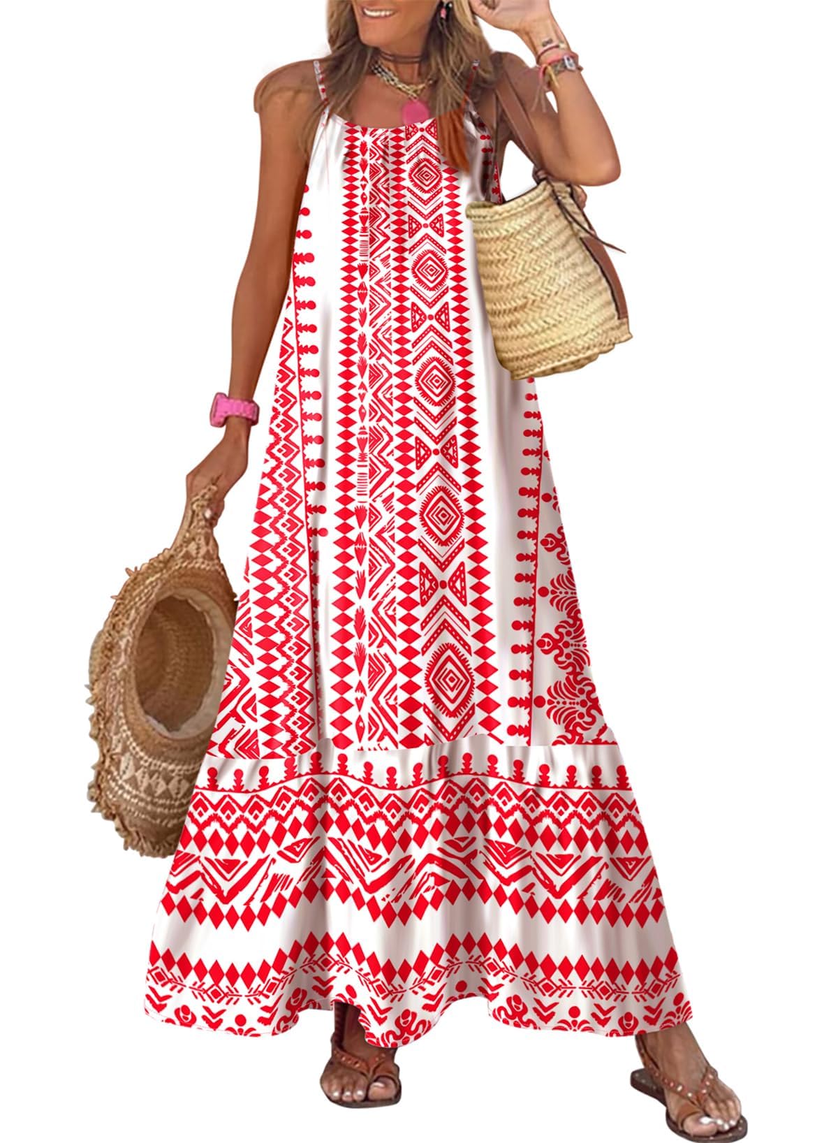 Dokotoo Women Summer Dresses Scoop Neck Ruffle Flowy Boho Maxi Dress