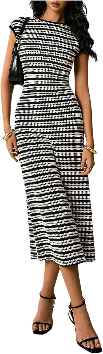 SOLY HUX Women's Striped Midi Dress Casual Work Knit Bodycon Summer Dresses