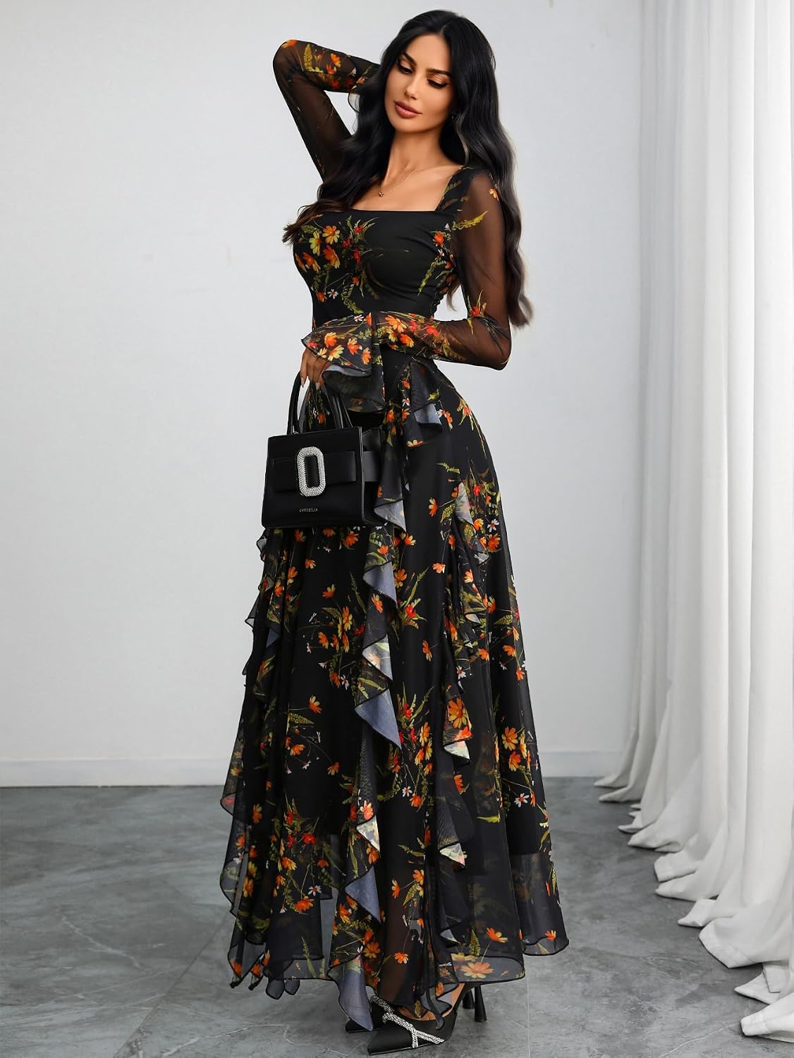 GothDark Women's Floral Dress Long Sleeve Square Neck Ruffle Party Outfit