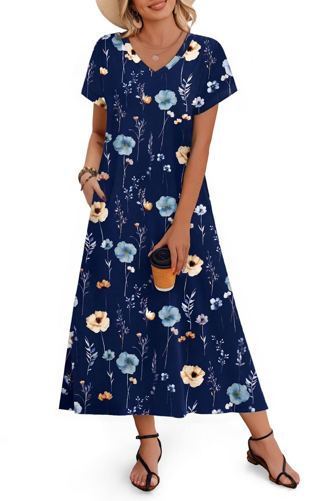 Zeagoo Women Summer Floral Dress Short Sleeve Beach Dress with Pockets Casual V-Neck Split Long T-Shirt Dress Travel Vacation
