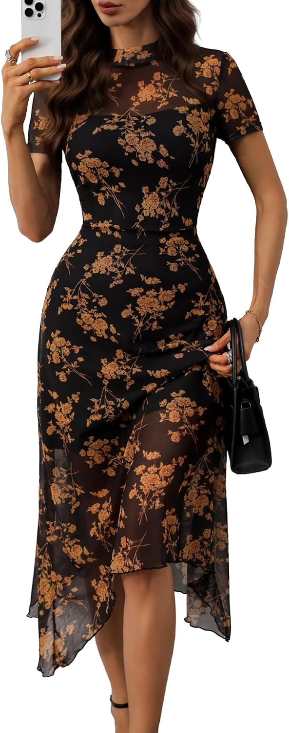 GothDark Women Summer Wedding Guest Floral Mesh Irregular Hem Midi Dress
