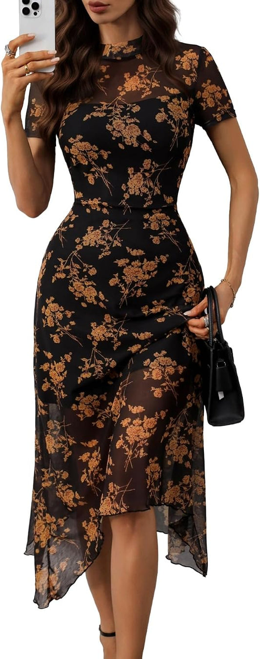 GothDark Women Summer Wedding Guest Floral Mesh Irregular Hem Midi Dress