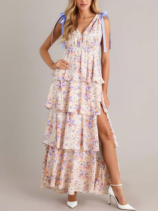 Wenrine Womens Elegant Wedding Guest Dress Floral Ruffle Maxi Dresses