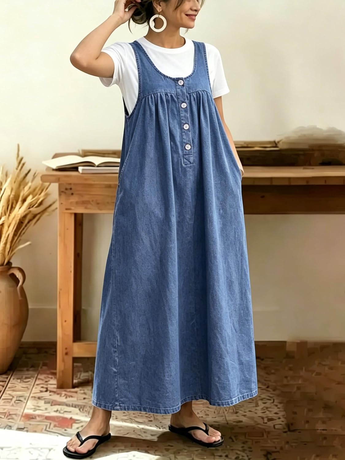 chouyatou Women's Pullover Denim Overall Dress Mid Long Button Front Pinafore Bib Jean Dress With Pockets