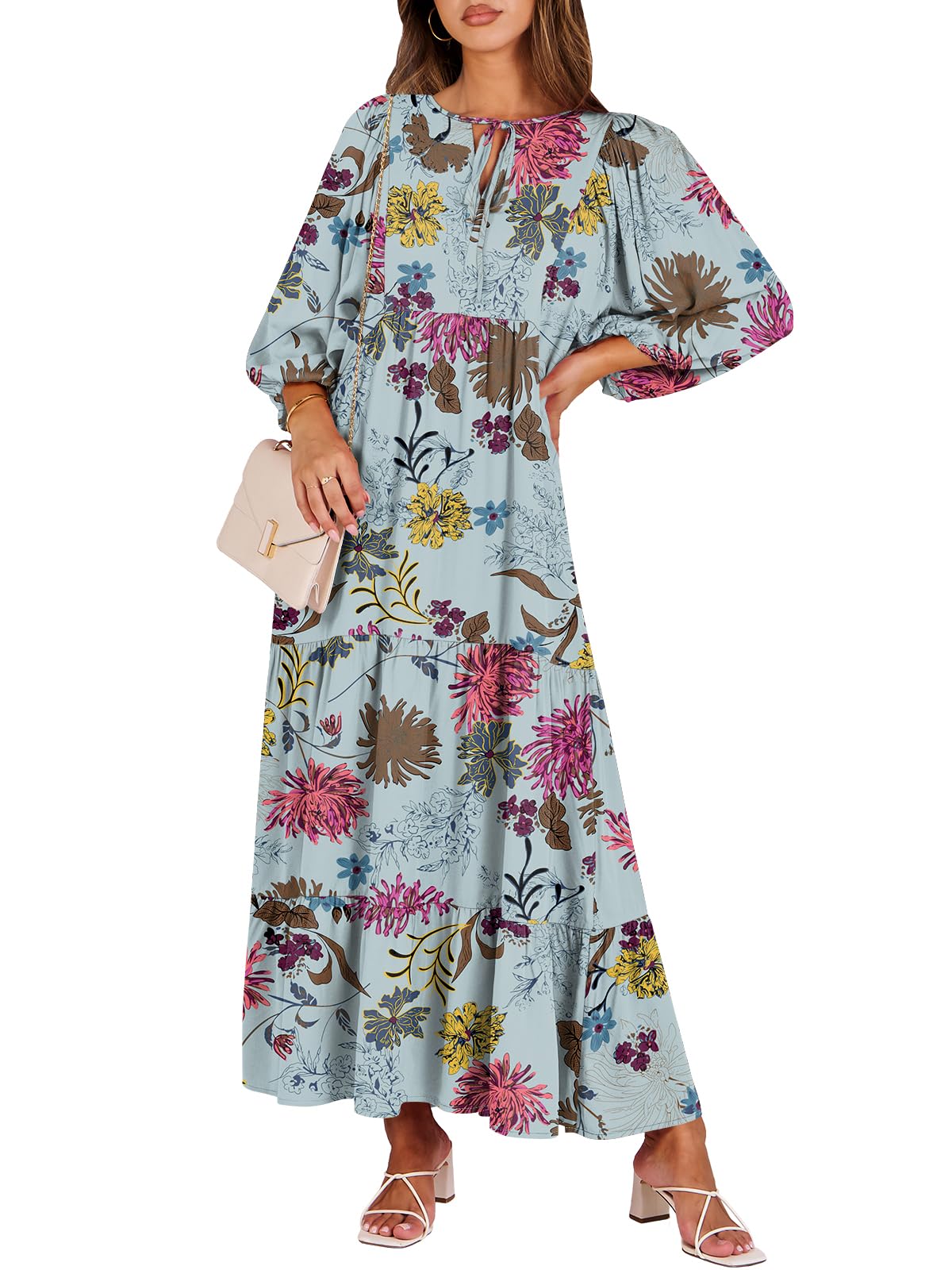 ANRABESS Womens Boho Floral 3/4 Puff Sleeve Maxi Dress