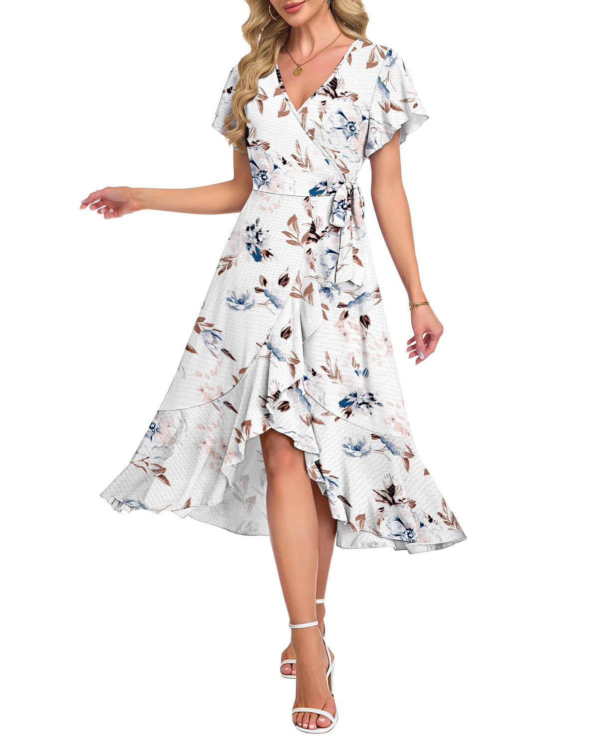 AUSELILY Women Summer Midi Dresses Wrap Short Flutter Sleeve Elegant Dress