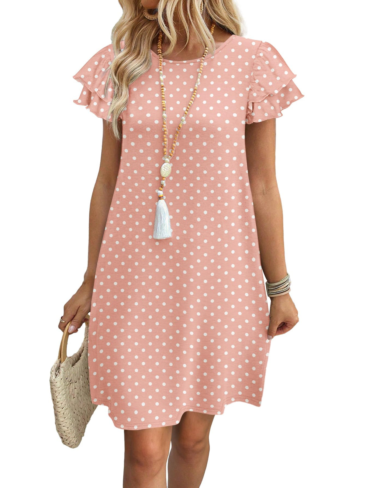OFEEFAN Womens Summer Dresses 2026 Ruffle Sleeve Round Neck Loose Swing Sundresses with Pockets Plain/Print