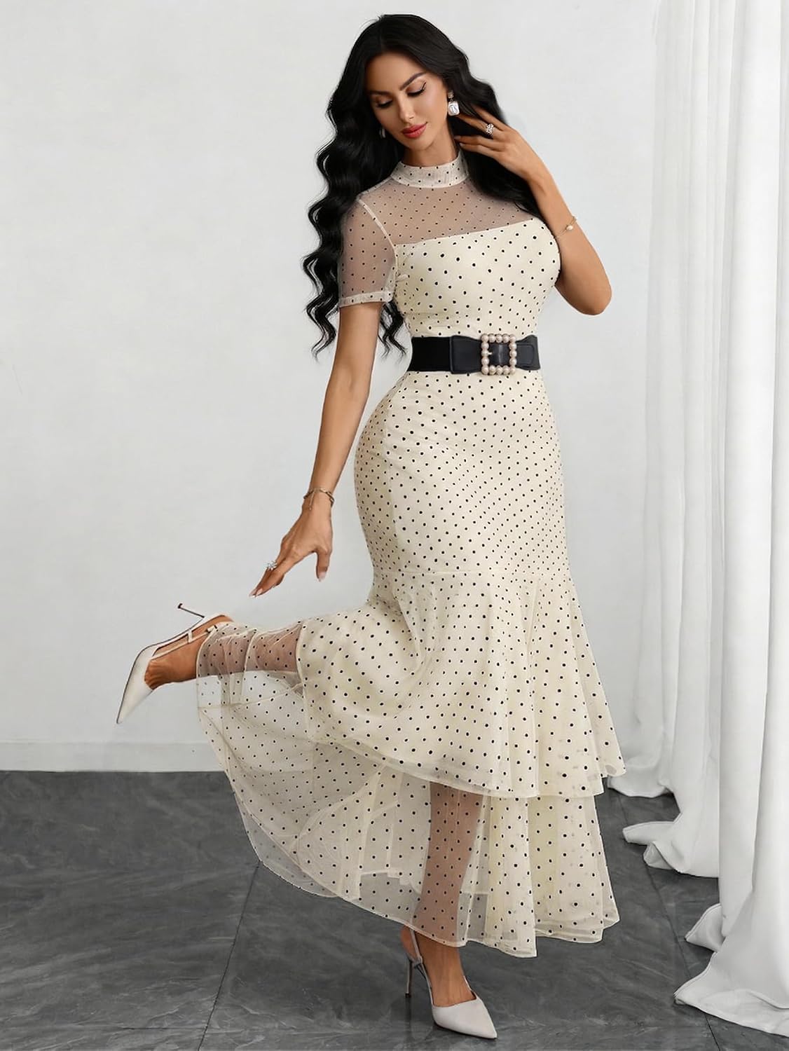 GothDark Women's Summer Mesh Ruffle Polka Dot Party Wedding Guest Dresses