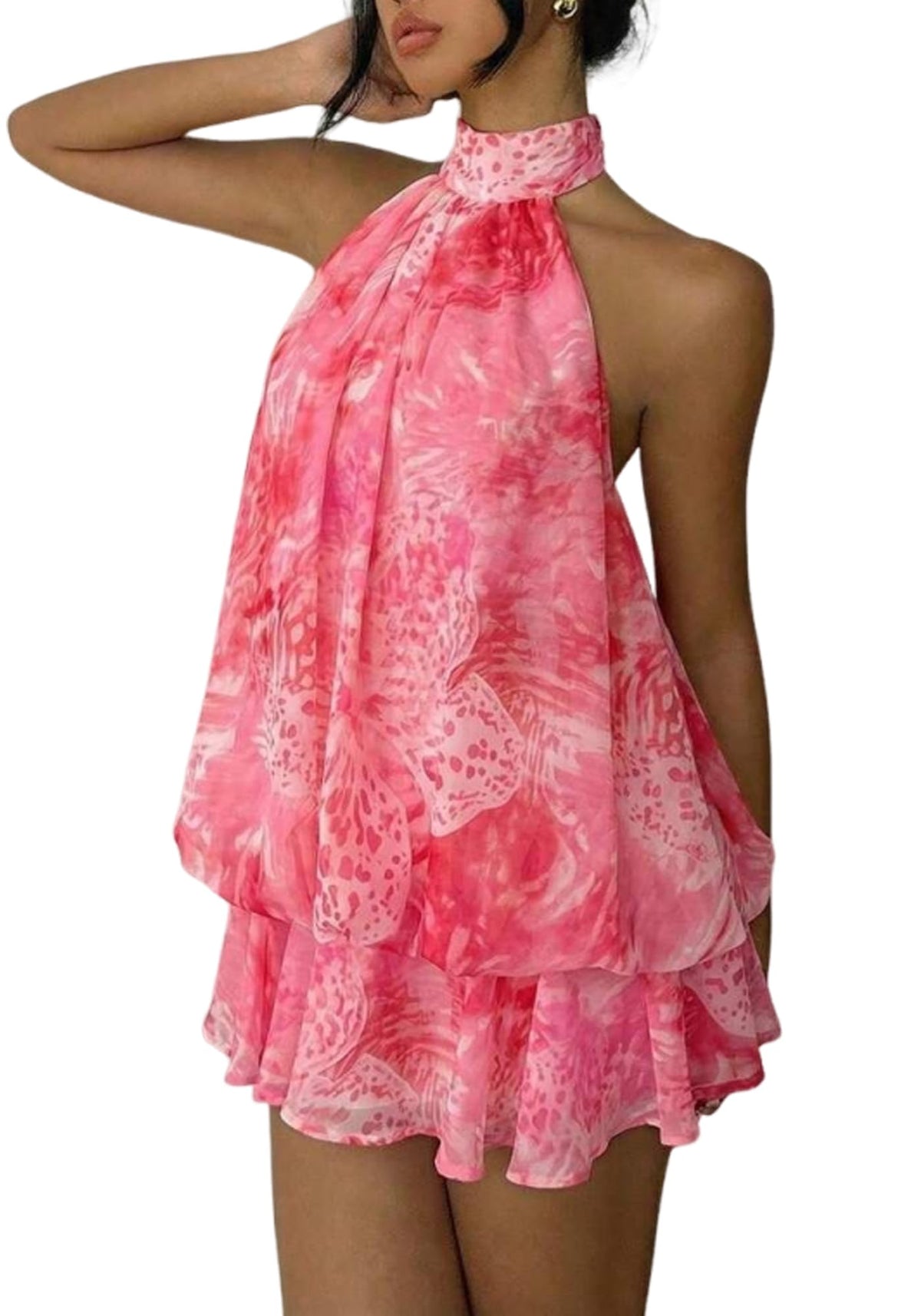 Women's Chiffon Halter Drop Waist Mini Dress Wedding Guest Dresses Ruffle Formal Holiday Club Brunch Outfits