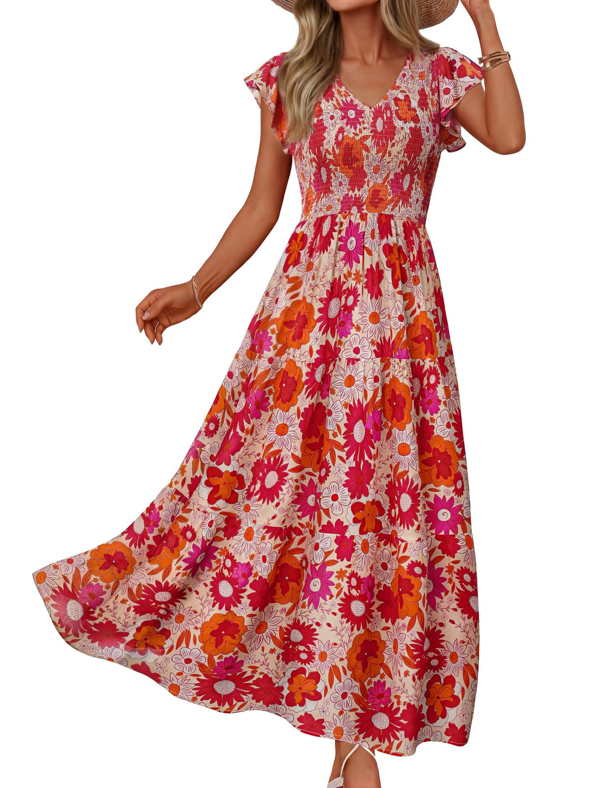 MEROKEETY Women's Summer 2026 Flutter Sleeve Smocked Casual Midi Dress