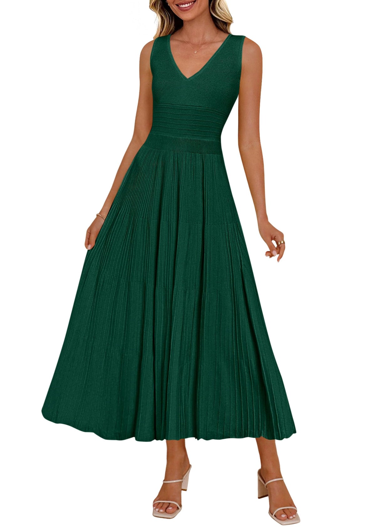 PRETTYGARDEN Women's Summer V Neck Pleated Midi Dress