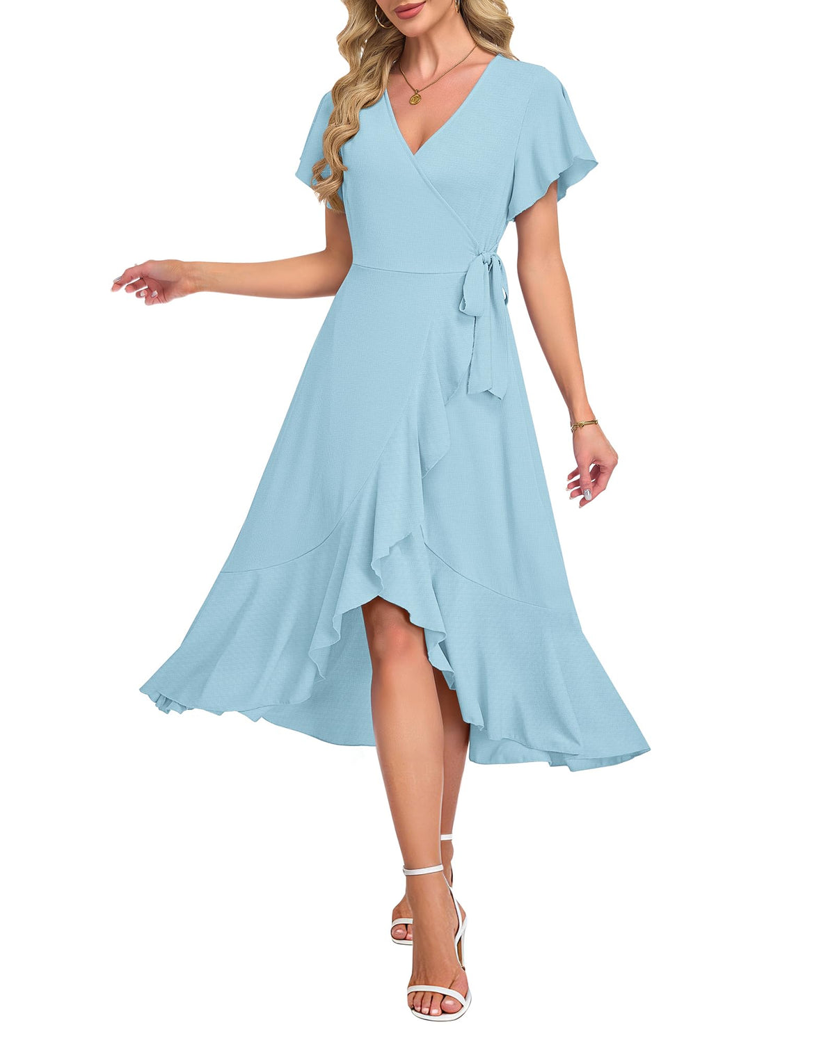 AUSELILY Women Summer Midi Dresses Wrap Short Flutter Sleeve Elegant Dress