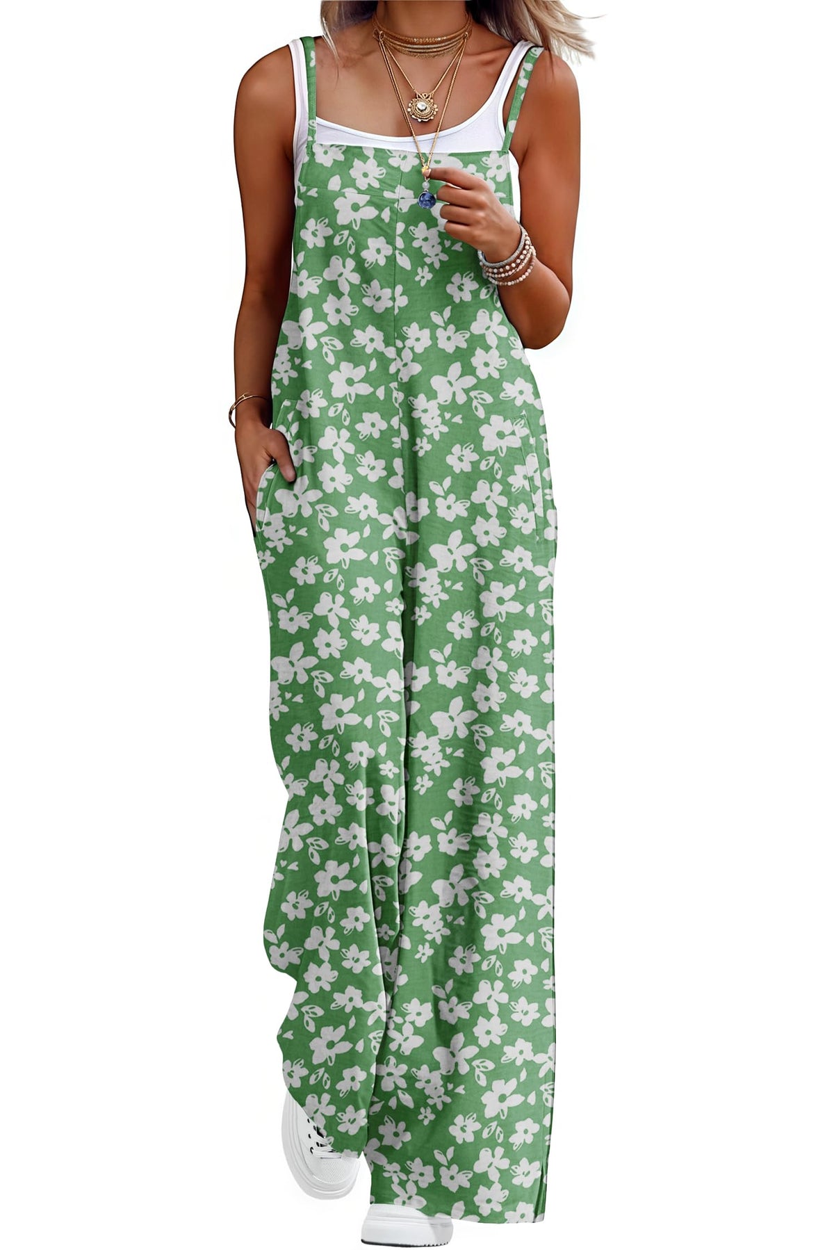 Lepunuo Womens Casual Loose Jumpsuits Summer Boho Wide Leg Rompers Sleeveless Overalls with Pockets