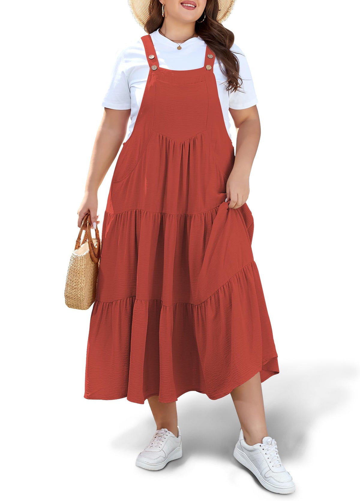 Moon Wood Plus Size Overall Dress for Women Summer Casual Maxi Dresses Jumper Dresses with Pockets Adjustable Straps