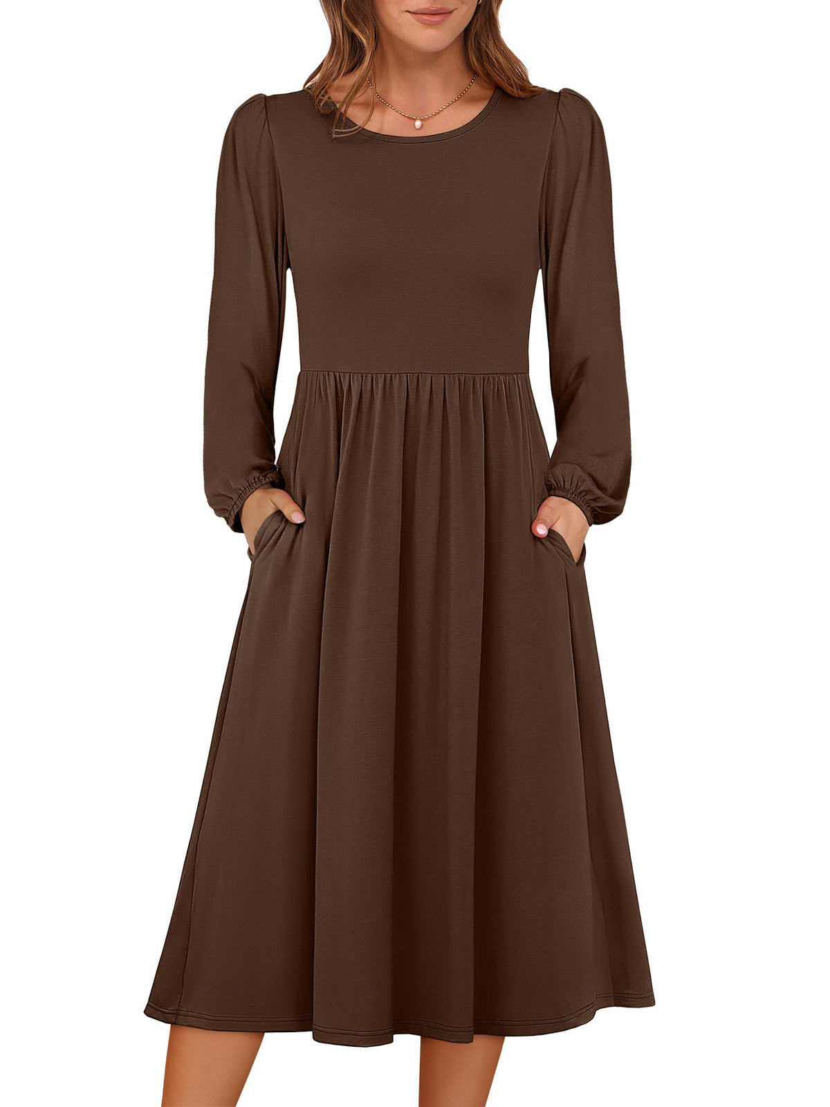 ANRABESS Women Long Sleeve Casual Fall Midi Dress Lightweight with Pockets