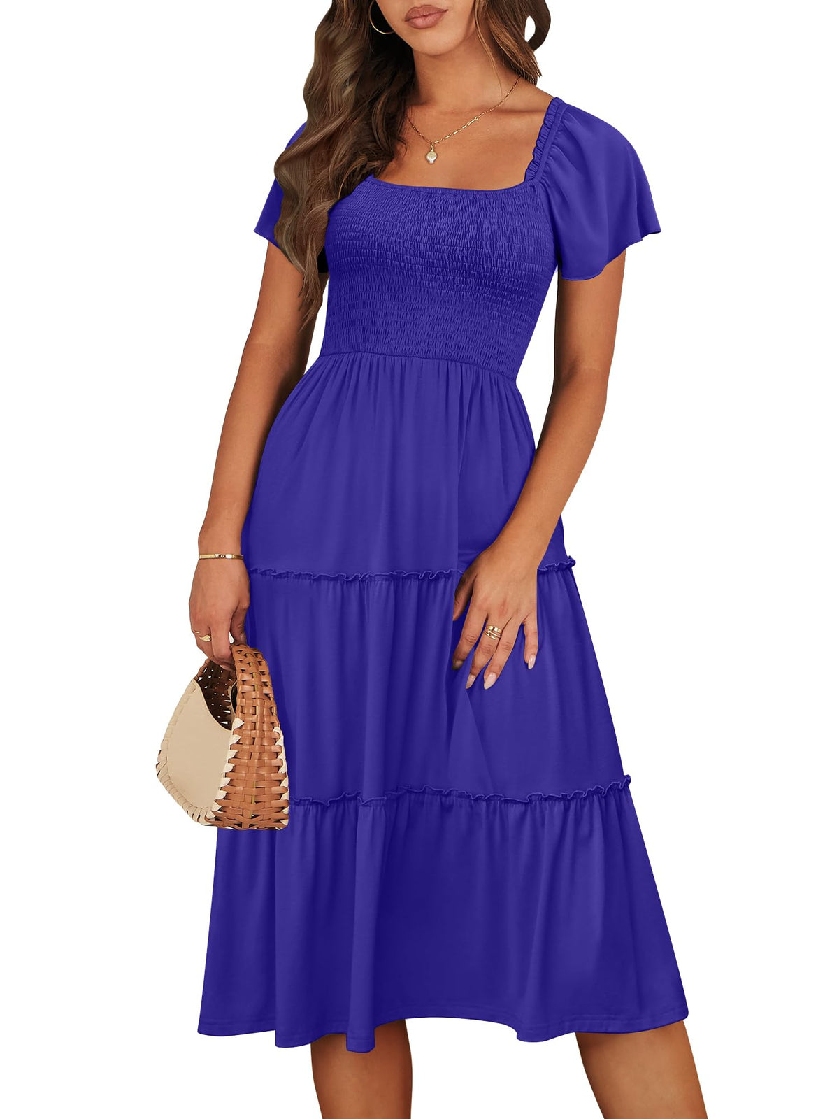 ANRABESS Women Summer Casual Square Neck Flutter Sleeve Boho Smocked A-Line Flowy Tiered Modest Midi Sun Dress with Pockets