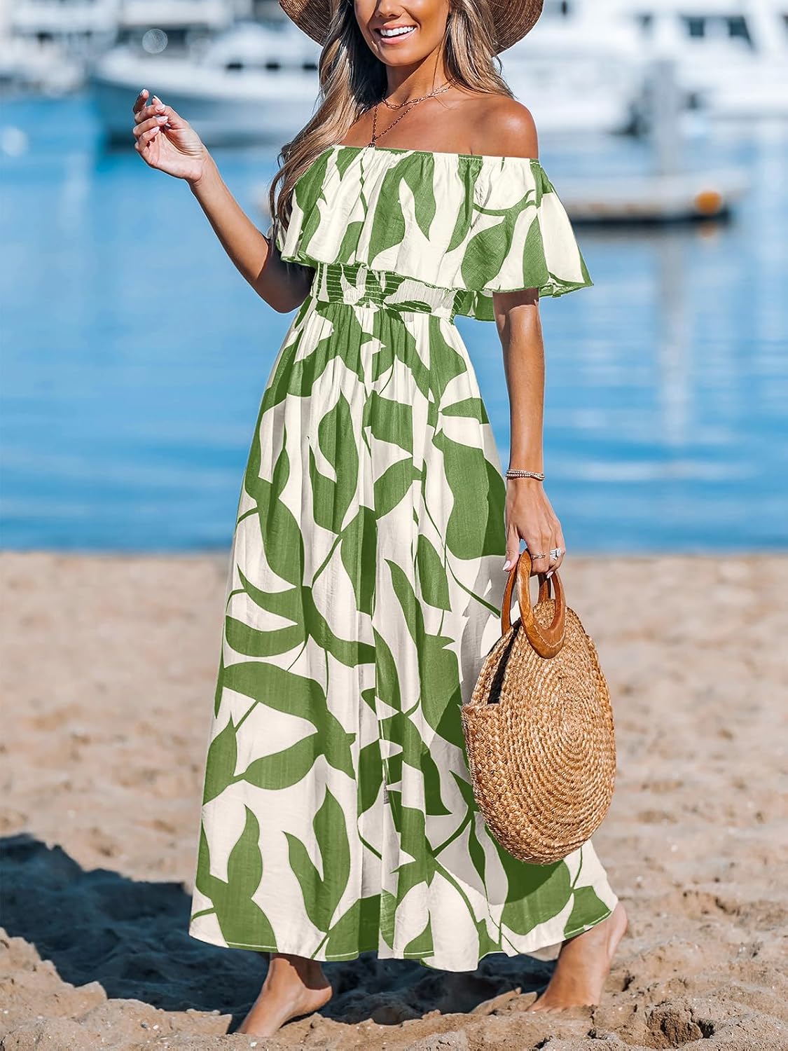 CUPSHE Womens Ruffle Floral Maxi Summer Dress Off Shoulder Beach Dress