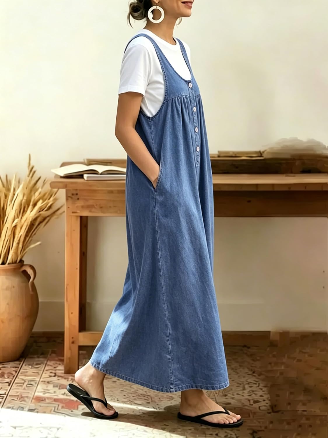 chouyatou Women's Pullover Denim Overall Dress Mid Long Button Front Pinafore Bib Jean Dress With Pockets