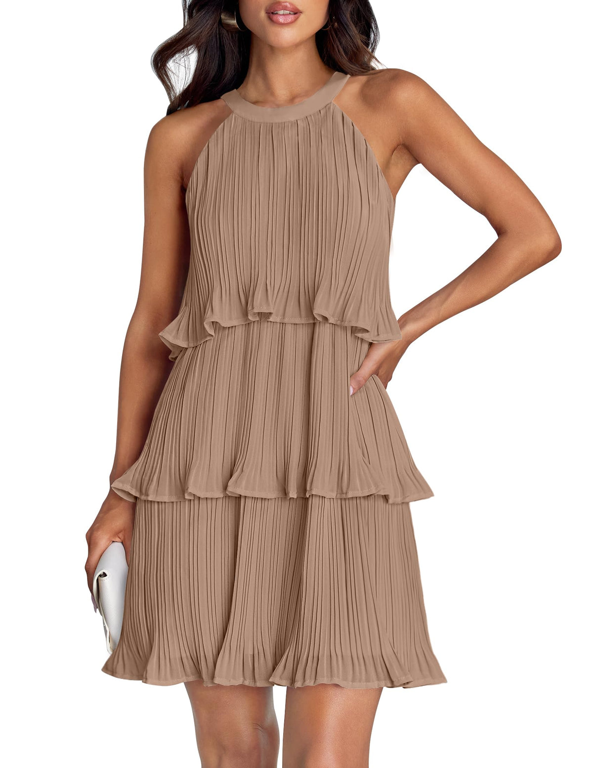 ZESICA Women's Summer Halter Ruffle Tiered Cocktail Mini Dresses
