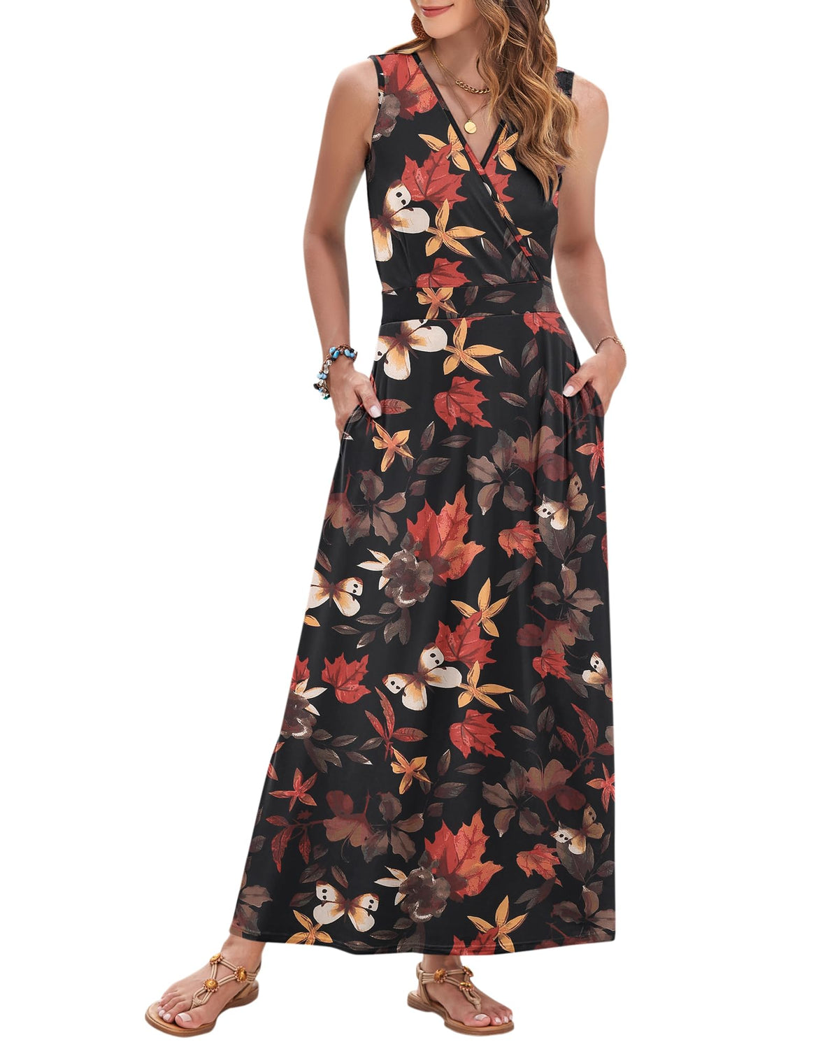AUSELILY Womens Maxi Dress Summer Sleeveless Wrap Long Dresses with Pockets
