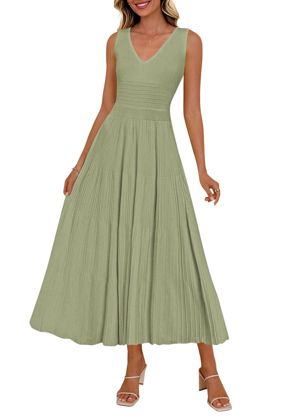 PRETTYGARDEN Women's Summer V Neck Pleated Midi Dress