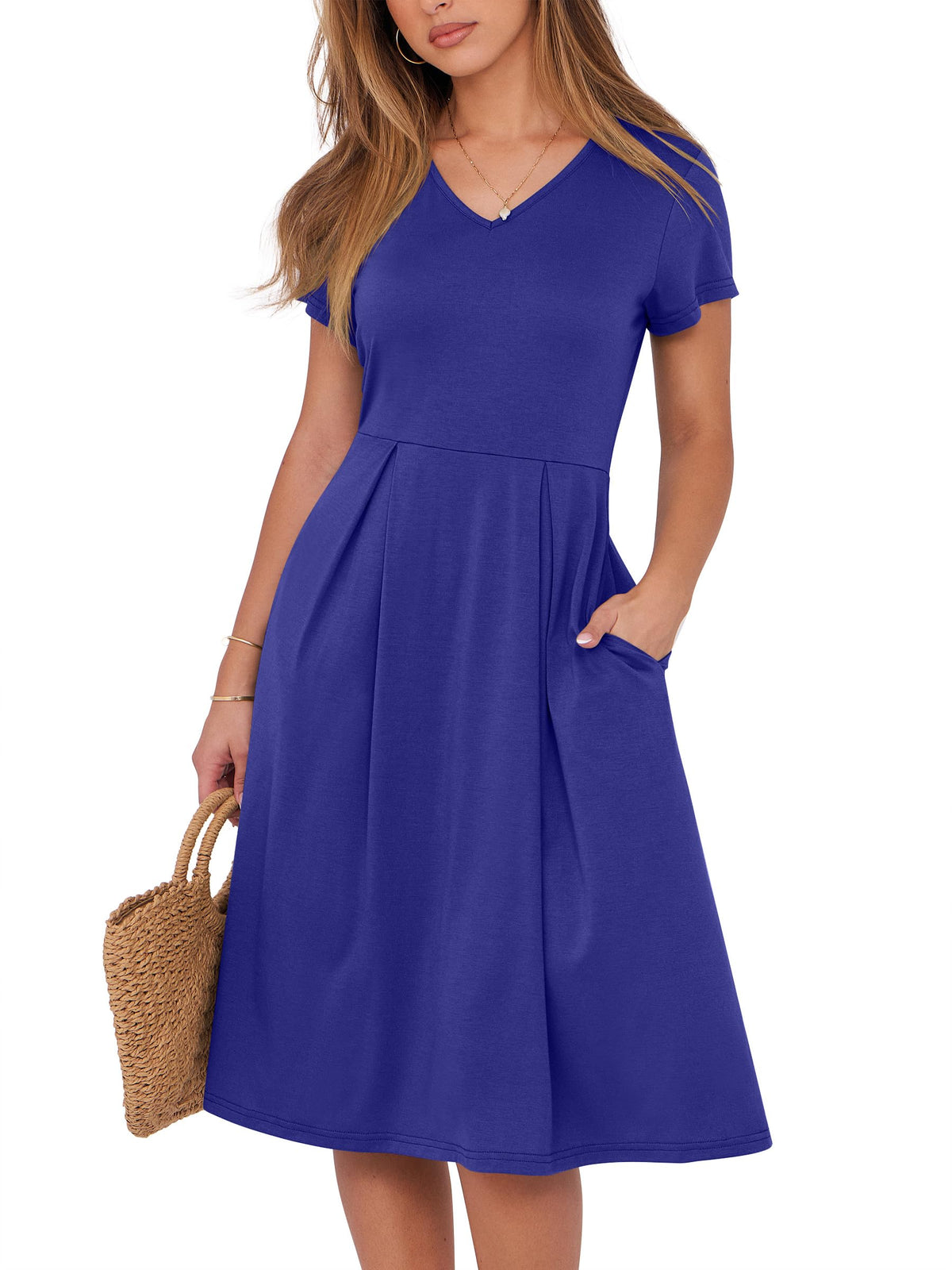 ANRABESS Women Summer Dress Casual Short Sleeve V Neck A-Line Knee Length Pleated Flowy 2026 Fashion Midi Dresses with Pocket