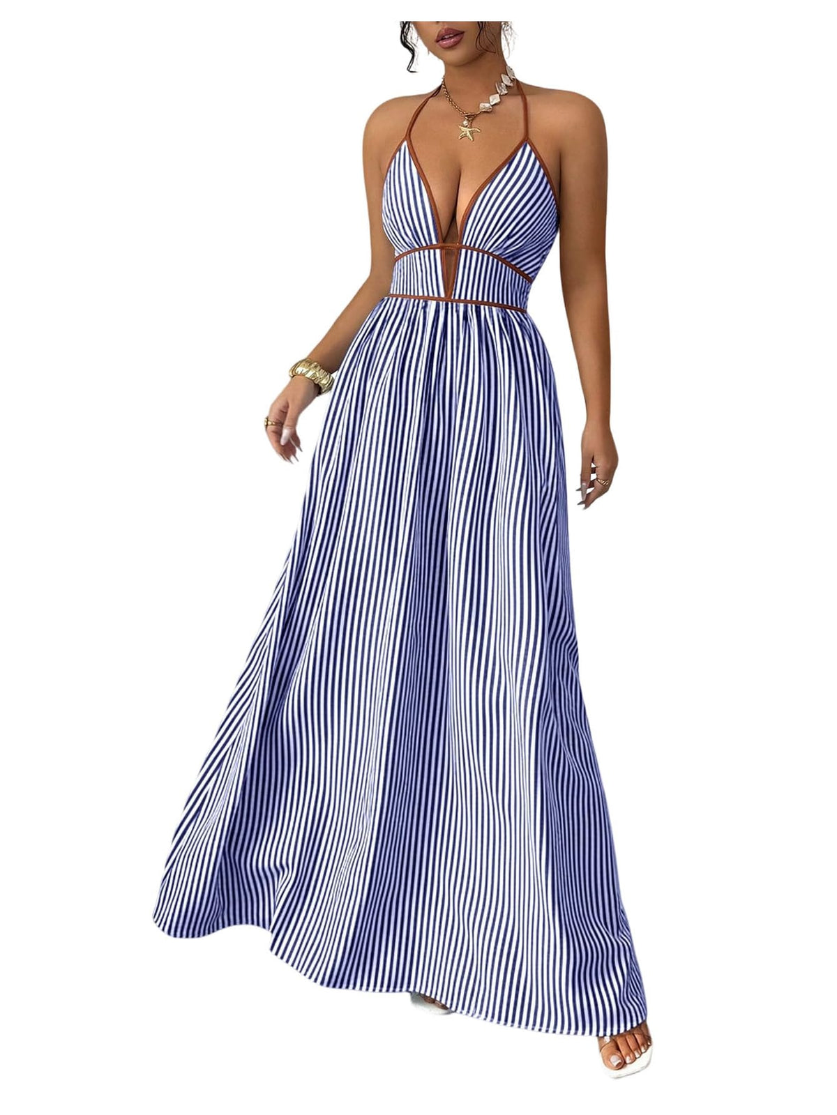 Floerns Women's Striped Halter Maxi Dress Backless Smocked Boho Dress