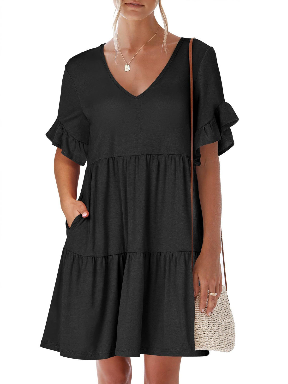 ANRABESS Dresses for Women Summer 2026 V Neck Ruffle Sleeve A Line Tiered Flowy Casual Trendy Mini Beach Dress with Pockets