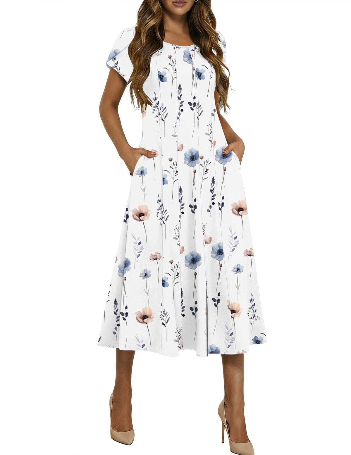 HOTOUCH Summer Dresses for Women 2026 Casual Midi Dress Petal Short Sleeve A Line Dress Pleated Flare Sundress
