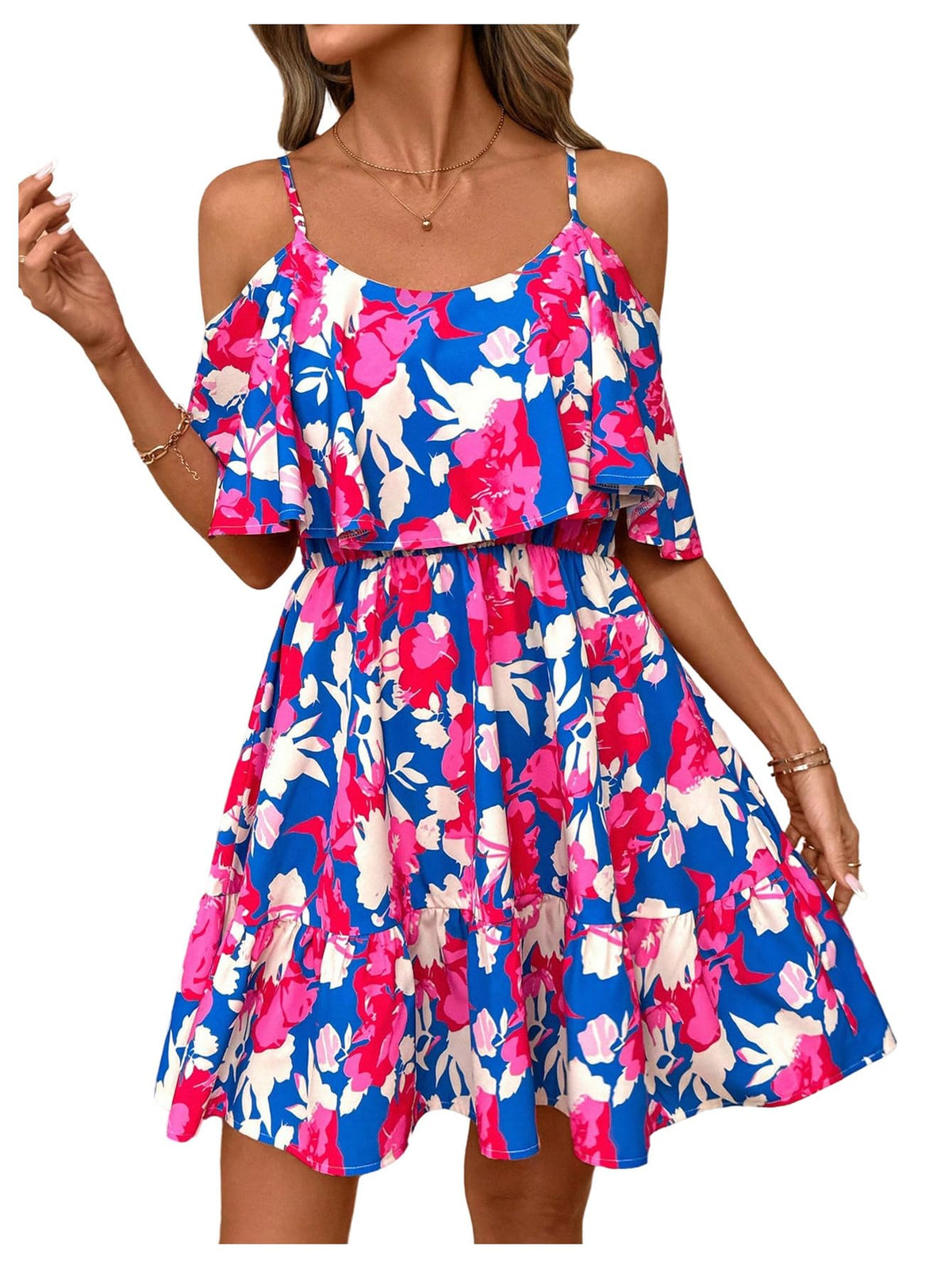 SOLY HUX Women's Summer Floral Mini Dress Cold Shoulder Ruffle Dresses