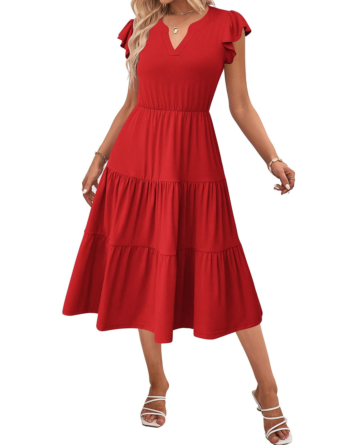 ZEAGOO Womens Summer Casual Dresses Ruffle Sleeve V Neck Midi Dress Flowy Tiered Dress with Pockets Boho Sundresses