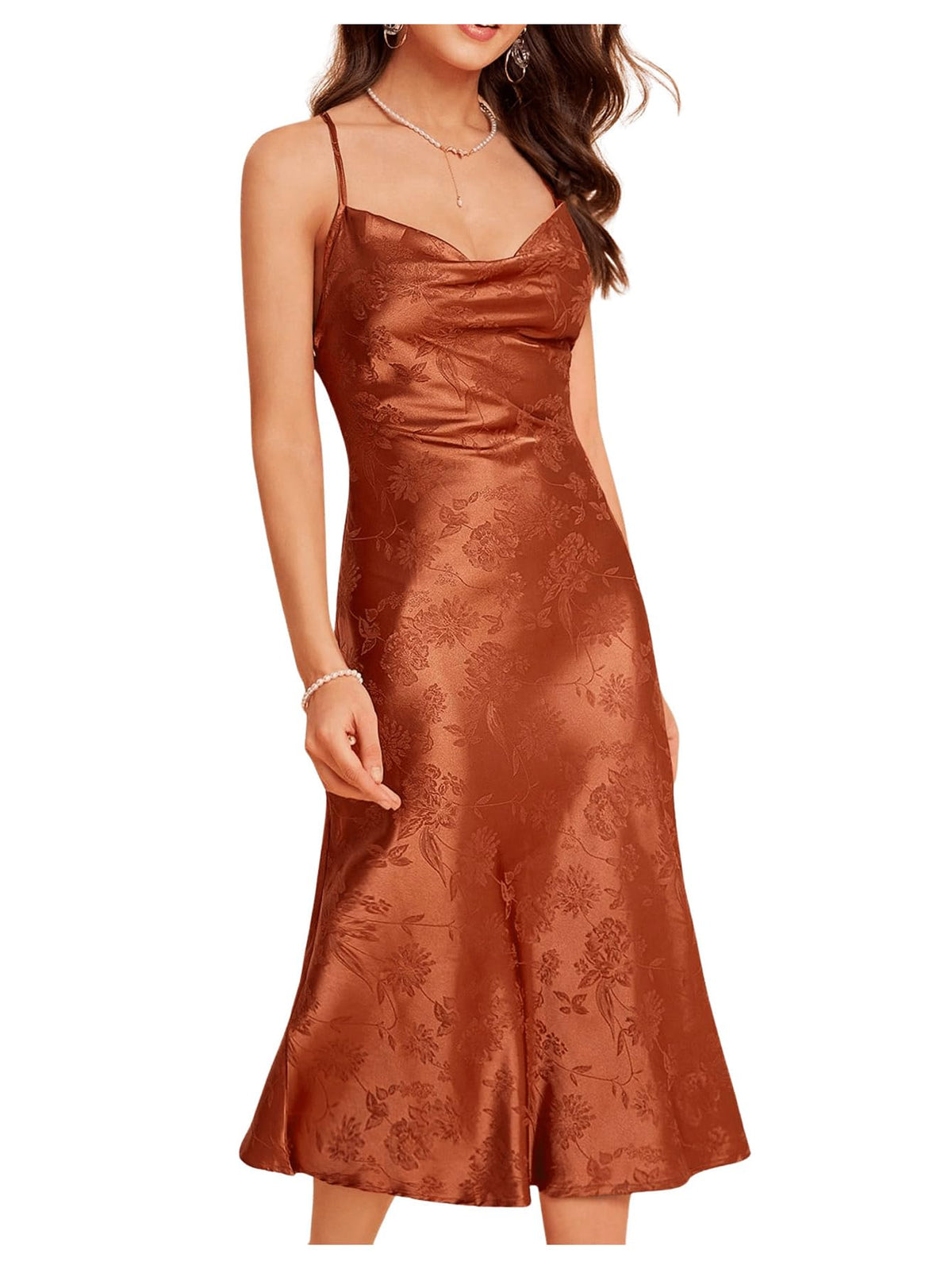 Floerns Women's Spaghetti Strap Cowl Neck Long Slip Satin Silk Midi Dress
