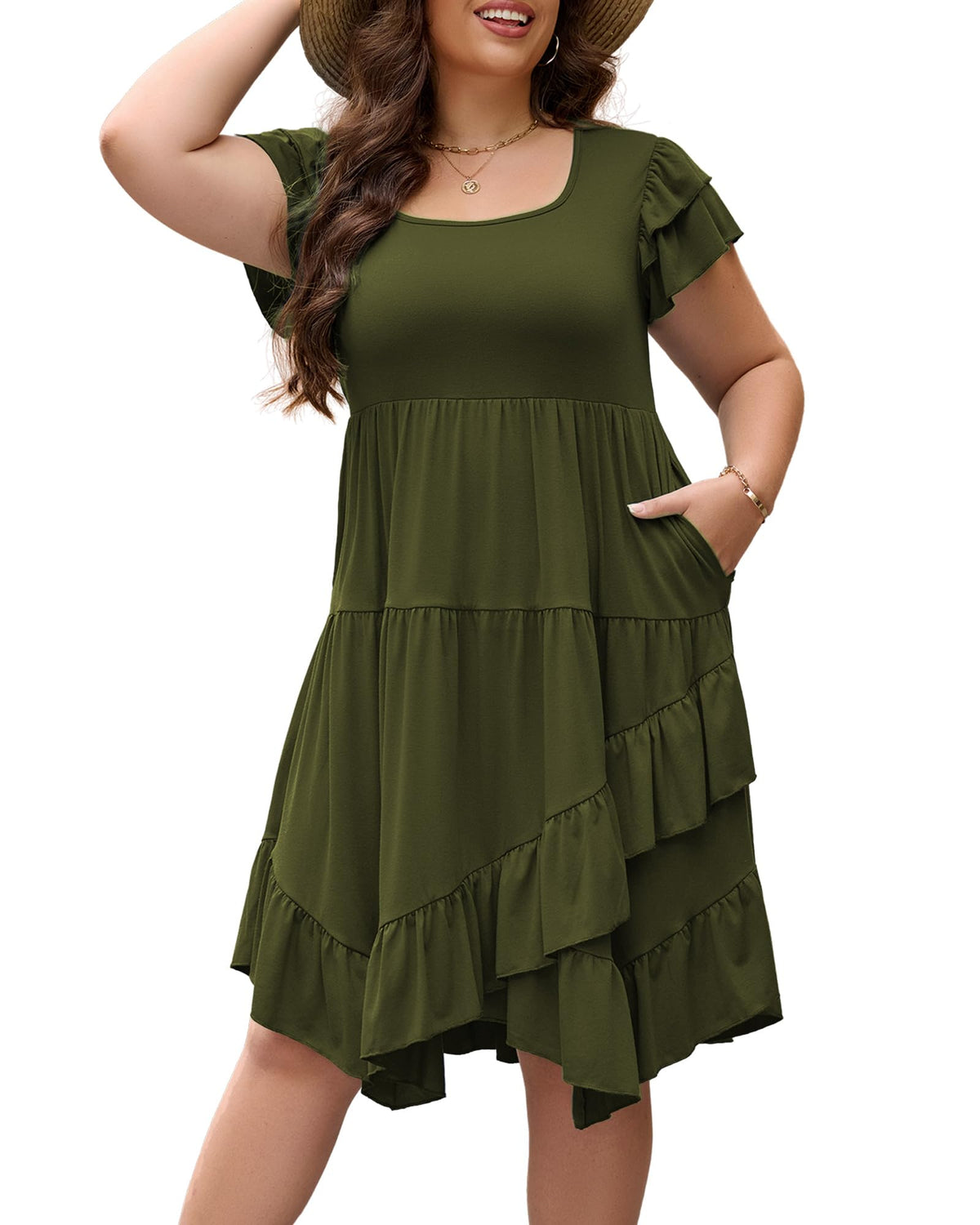 Womens Plus Size Casual Dress Square Neck Double Ruffle Short Sleeves 2 Pockets Ruffled Hem Flowy Dresses