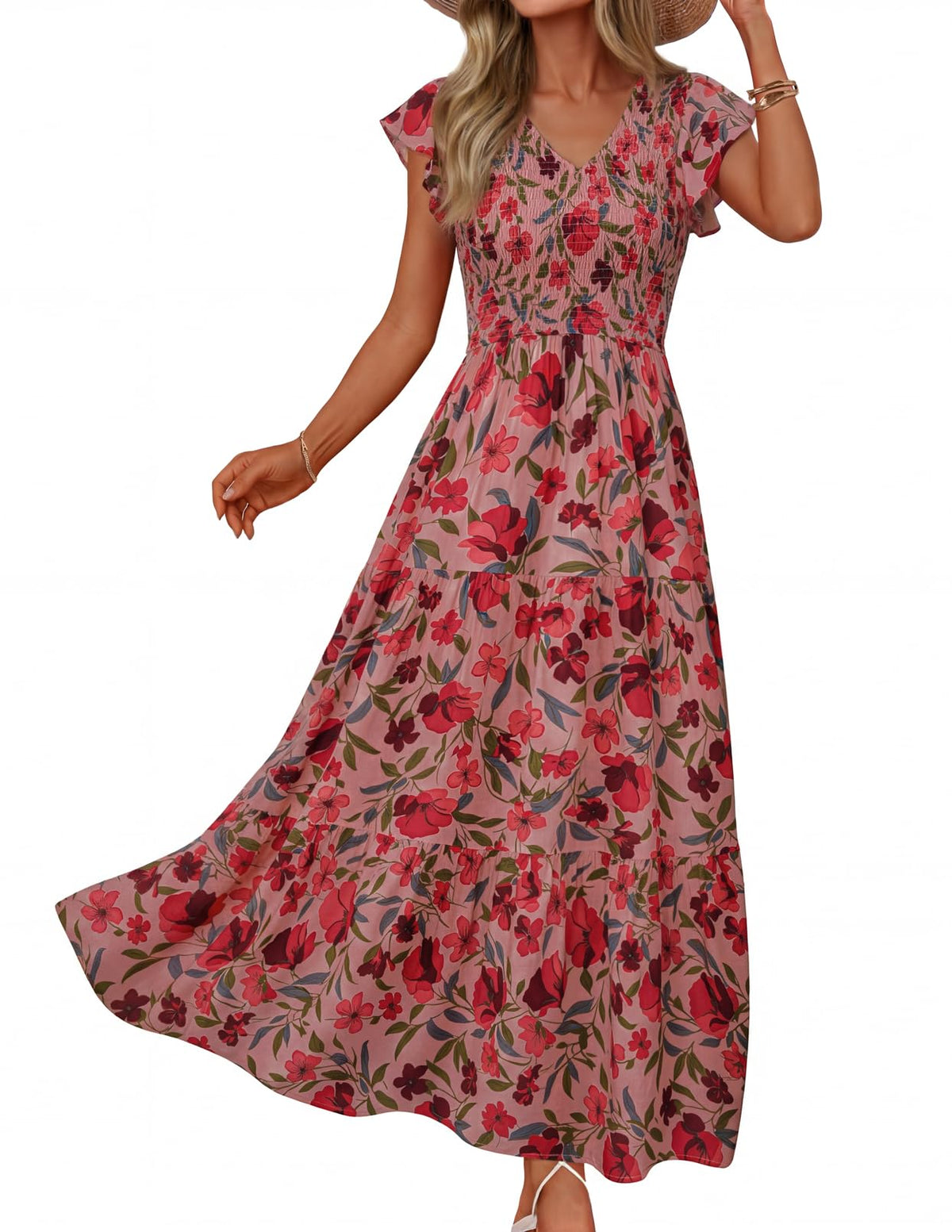 MEROKEETY Women's Summer 2026 Flutter Sleeve Smocked Casual Midi Dress